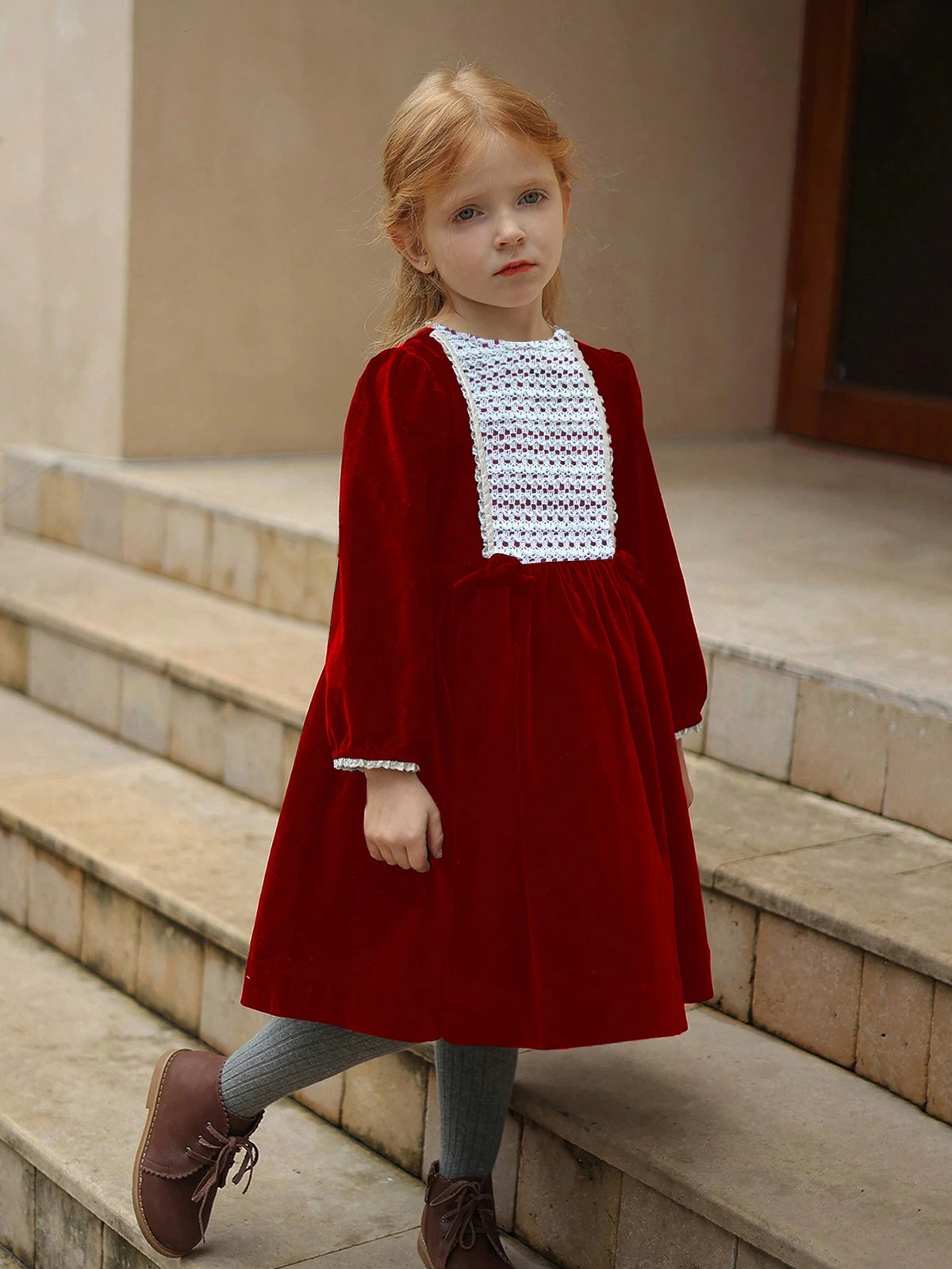 Young Girls Velvet Contrast Lace Trim -Style Dress, Elegant Palace-Inspired Outfit For Autumn/Winter