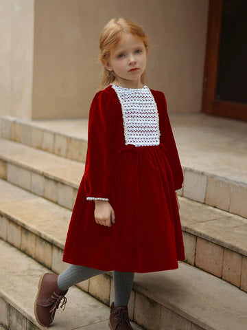 Young Girls Velvet Contrast Lace Trim -Style Dress, Elegant Palace-Inspired Outfit For Autumn/Winter