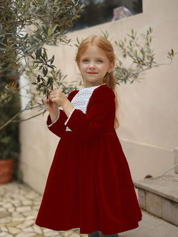 Young Girls Velvet Contrast Lace Trim -Style Dress, Elegant Palace-Inspired Outfit For Autumn/Winter