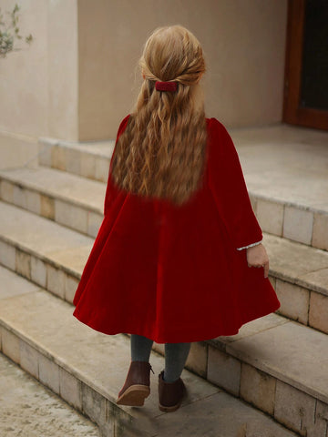 Young Girls Velvet Contrast Lace Trim -Style Dress, Elegant Palace-Inspired Outfit For Autumn/Winter
