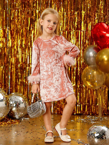Young Girls' Velvet Feather Sleeve Princess Elegant Long Sleeve Dress, Suitable For Spring Wear Or Autumn/Winter Layering