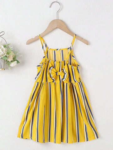 Young Girls' Vertical Striped Decorative Bowknot Design Sleeveless Dress With Skirt, Summer