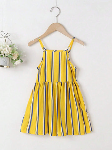 Young Girls' Vertical Striped Decorative Bowknot Design Sleeveless Dress With Skirt, Summer