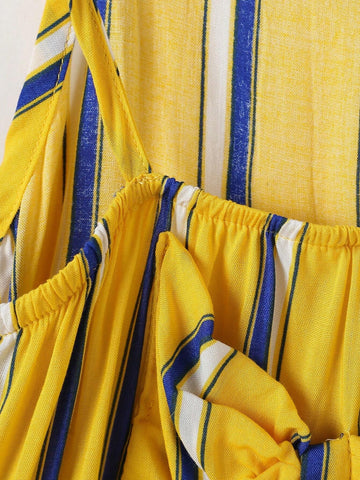 Young Girls' Vertical Striped Decorative Bowknot Design Sleeveless Dress With Skirt, Summer