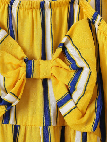 Young Girls' Vertical Striped Decorative Bowknot Design Sleeveless Dress With Skirt, Summer