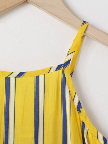 Young Girls' Vertical Striped Decorative Bowknot Design Sleeveless Dress With Skirt, Summer