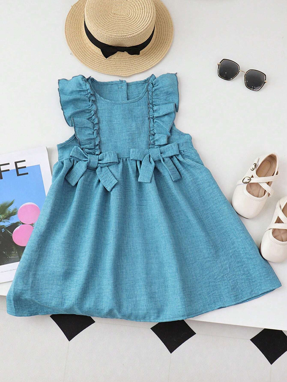 Young Girl's Vintage Bowknot Denim Sleeveless Dress For Summer