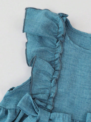 Young Girl's Vintage Bowknot Denim Sleeveless Dress For Summer