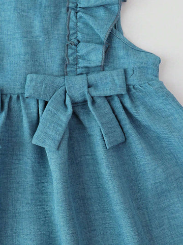 Young Girl's Vintage Bowknot Denim Sleeveless Dress For Summer