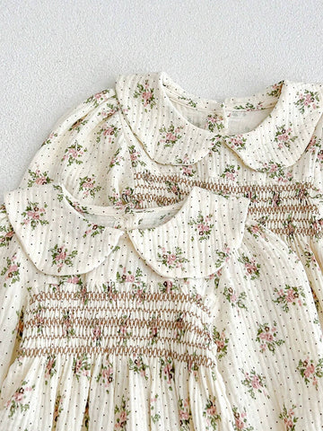 Young Girl's Vintage Ditsy Floral Dress With Peter Pan Collar And Flared Hem, Autumn