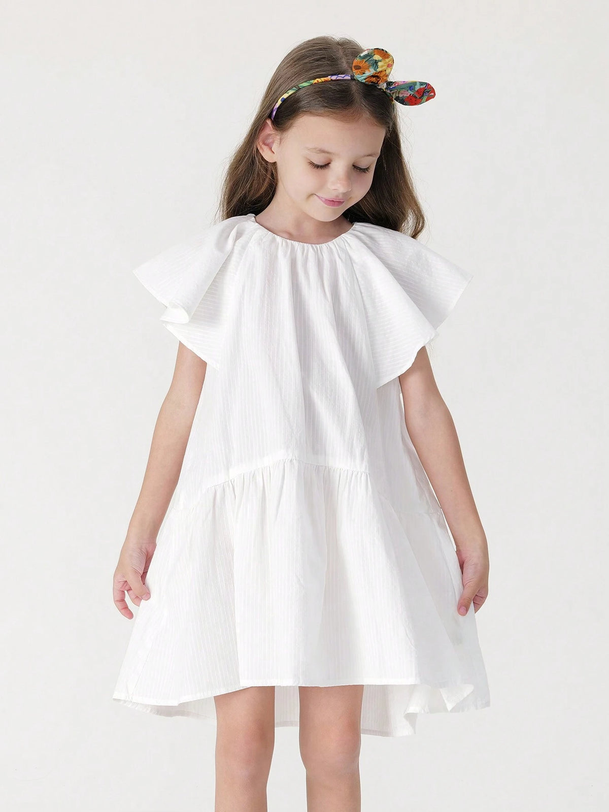 Young Girls' Vintage Elegant Sweet Ruffled Cap Sleeve Round Neck Dress, Summer