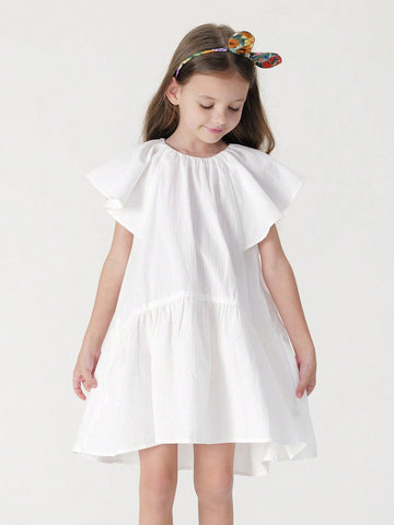 Young Girls' Vintage Elegant Sweet Ruffled Cap Sleeve Round Neck Dress, Summer