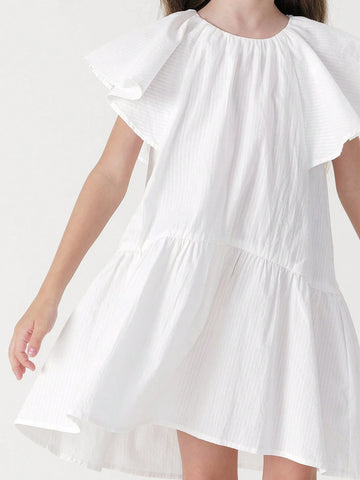 Young Girls' Vintage Elegant Sweet Ruffled Cap Sleeve Round Neck Dress, Summer