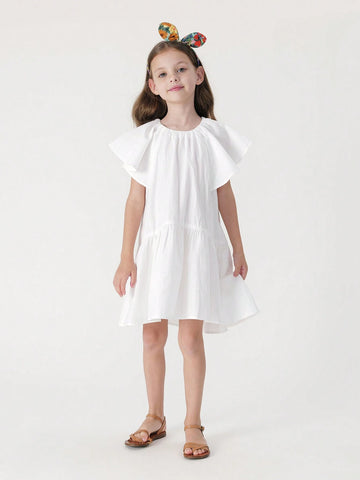 Young Girls' Vintage Elegant Sweet Ruffled Cap Sleeve Round Neck Dress, Summer