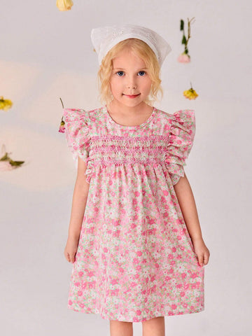 Young Girls Vintage Style Floral Print Round Neck Dress For Spring/Summer
