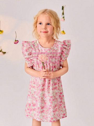 Young Girls Vintage Style Floral Print Round Neck Dress For Spring/Summer