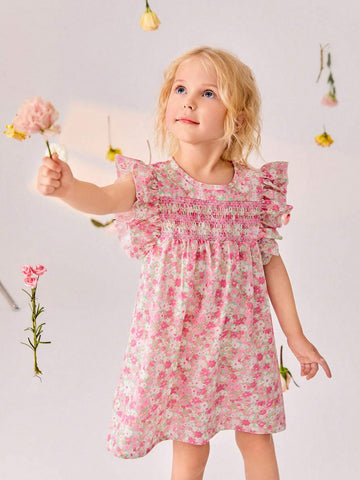 Young Girls Vintage Style Floral Print Round Neck Dress For Spring/Summer