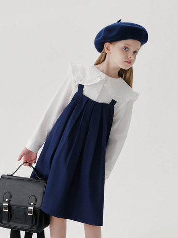 Young Girls' Vintage Style Loose Pleated Suspender Dress, Autumn