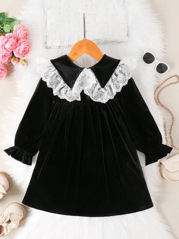 Young Girls Vintage & Cute & Fashion & Elagant Velvet Contrast Lace Ruffled Big Peter Pan Collar Dress ,Long Sleves Dress