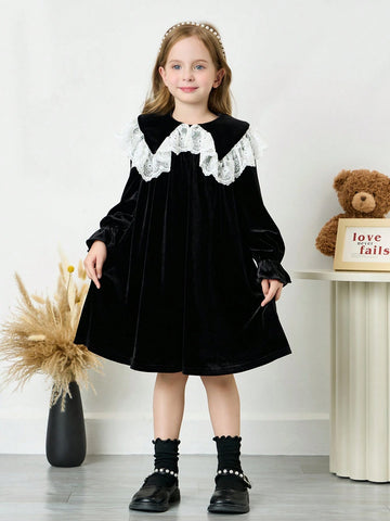 Young Girls Vintage & Cute & Fashion & Elagant Velvet Contrast Lace Ruffled Big Peter Pan Collar Dress ,Long Sleves Dress