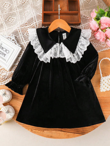 Young Girls Vintage & Cute & Fashion & Elagant Velvet Contrast Lace Ruffled Big Peter Pan Collar Dress ,Long Sleves Dress