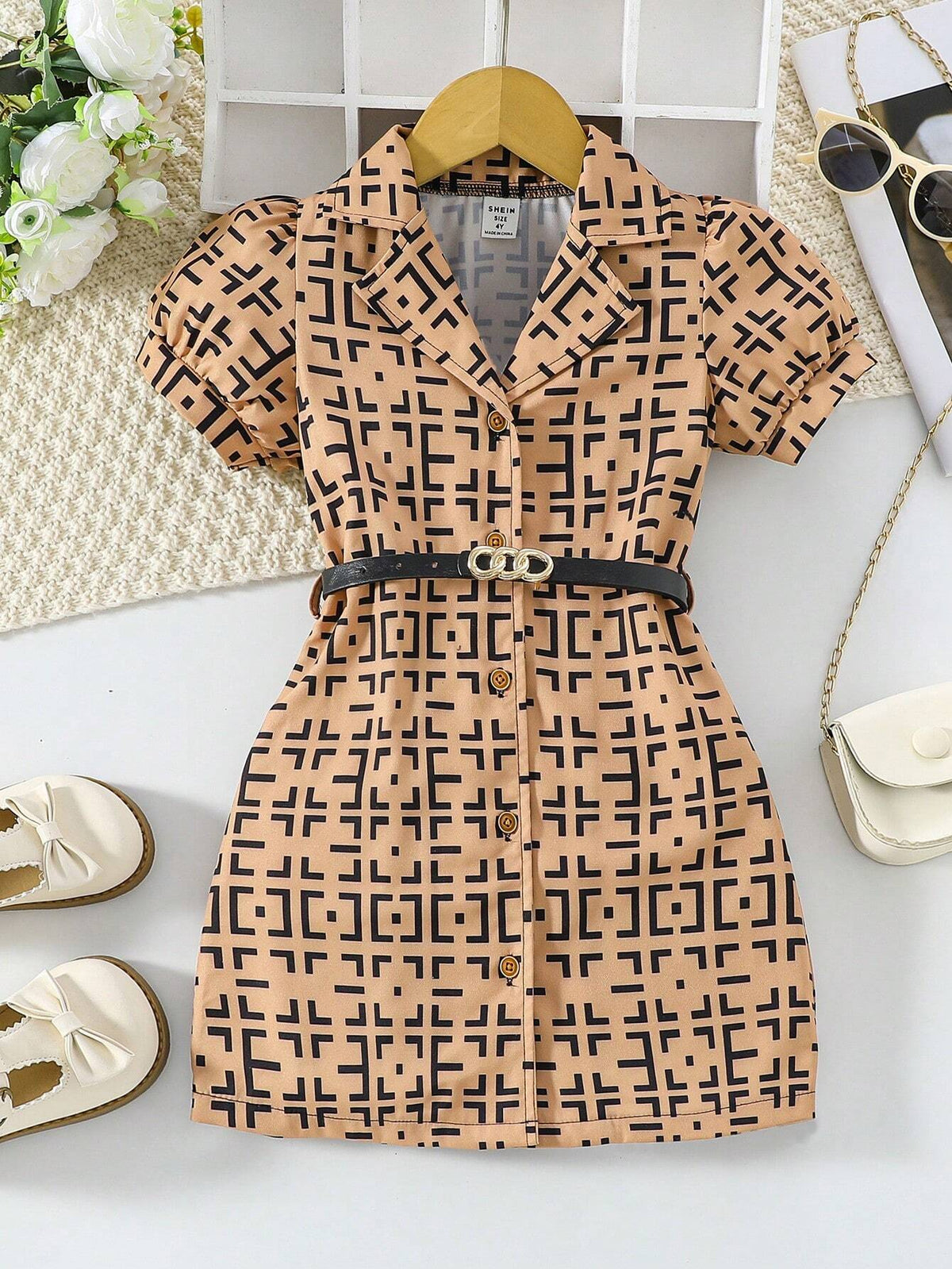 Young Girl's Waisted Shirt Dress With All-Over Print