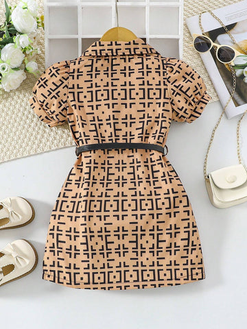 Young Girl's Waisted Shirt Dress With All-Over Print