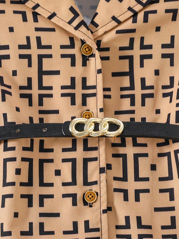 Young Girl's Waisted Shirt Dress With All-Over Print