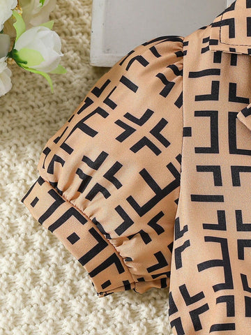 Young Girl's Waisted Shirt Dress With All-Over Print