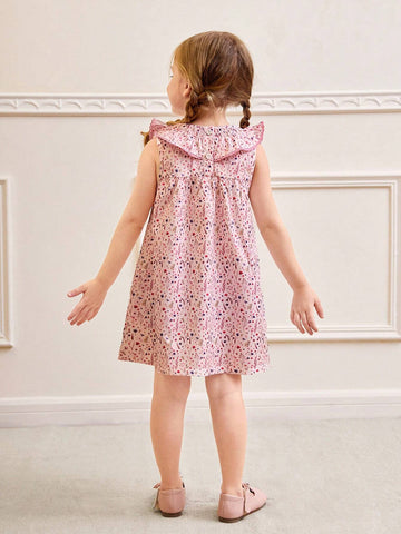 Young Girls' Warm Vacation Ditsy Floral Countryside Style Ruffle Trim Round Neck Dress, Summer
