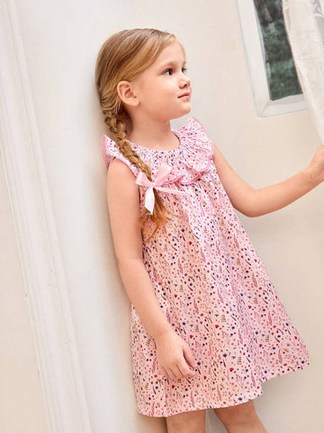 Young Girls' Warm Vacation Ditsy Floral Countryside Style Ruffle Trim Round Neck Dress, Summer