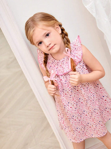 Young Girls' Warm Vacation Ditsy Floral Countryside Style Ruffle Trim Round Neck Dress, Summer
