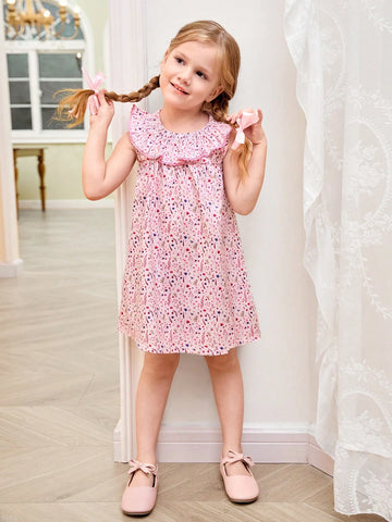 Young Girls' Warm Vacation Ditsy Floral Countryside Style Ruffle Trim Round Neck Dress, Summer