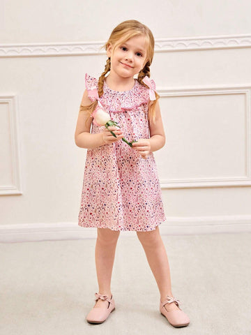 Young Girls' Warm Vacation Ditsy Floral Countryside Style Ruffle Trim Round Neck Dress, Summer