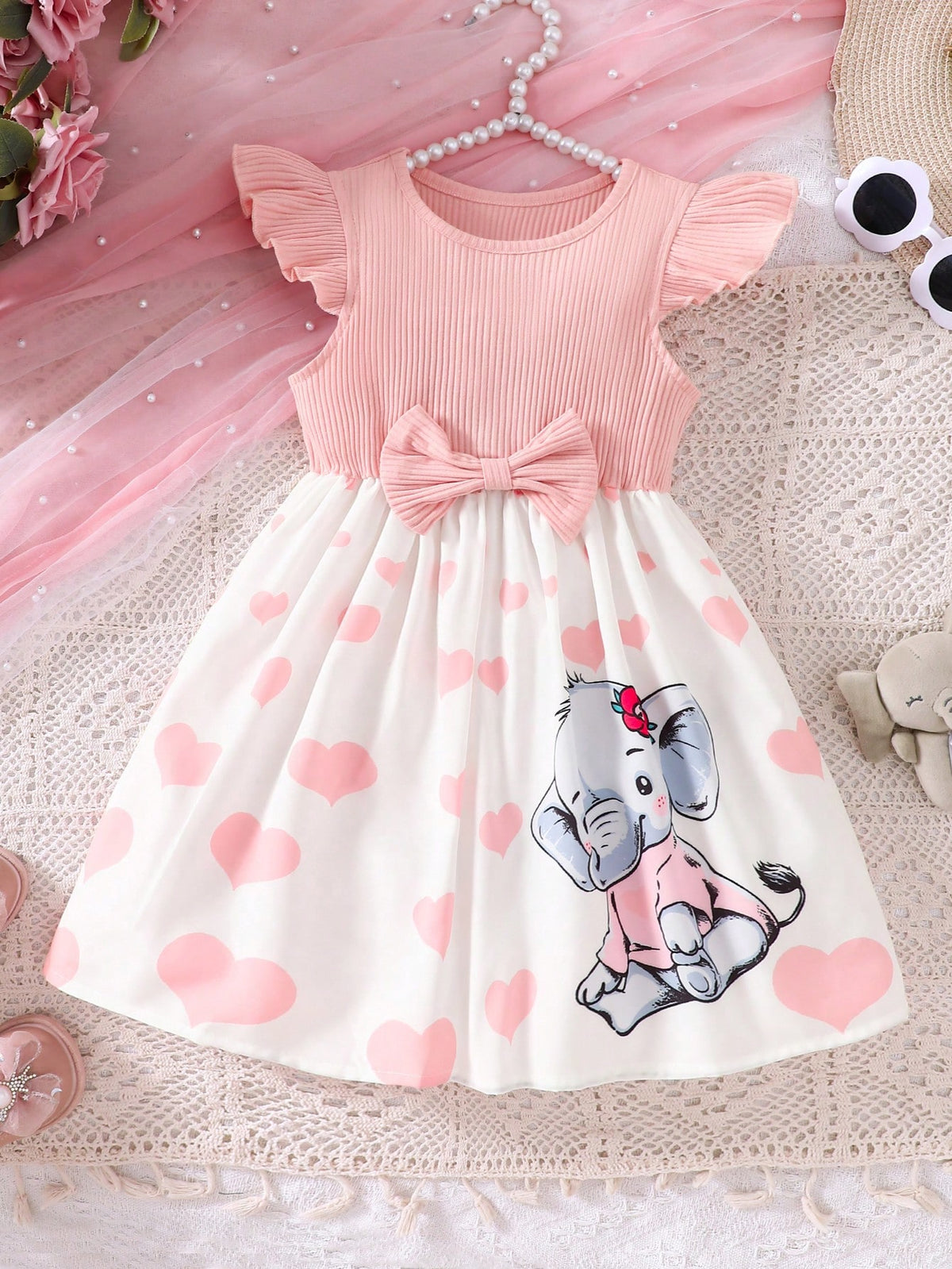 Young Girls' Watermelon Bow Patchwork Cartoon Elephant Print Cap Sleeve Knit Dress, Spring/Summer