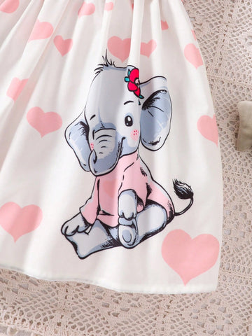 Young Girls' Watermelon Bow Patchwork Cartoon Elephant Print Cap Sleeve Knit Dress, Spring/Summer