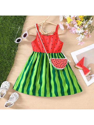 Young Girls' Watermelon Print Sundress With Shoulder Bag For Summer