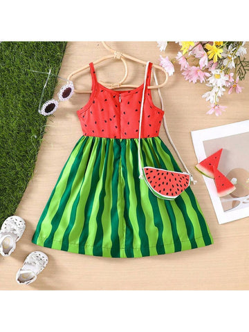 Young Girls' Watermelon Print Sundress With Shoulder Bag For Summer