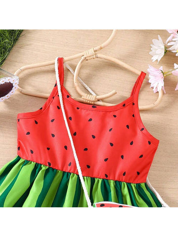 Young Girls' Watermelon Print Sundress With Shoulder Bag For Summer