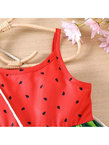 Young Girls' Watermelon Print Sundress With Shoulder Bag For Summer