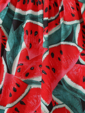 Young Girl's Watermelon Printed Lace Ruffle Trim Dress