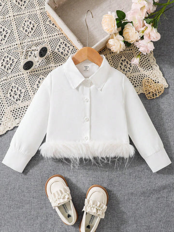 Young Girls' White Button-Up Shirt With Patchwork Faux Fur Long Sleeves