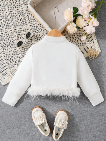 Young Girls' White Button-Up Shirt With Patchwork Faux Fur Long Sleeves