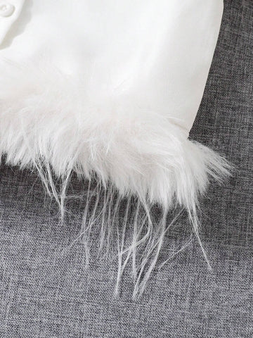 Young Girls' White Button-Up Shirt With Patchwork Faux Fur Long Sleeves