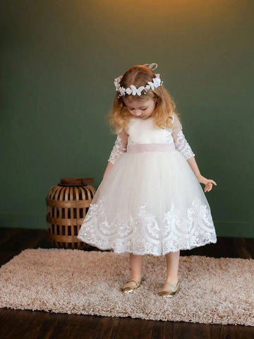 Young Girls White Lace Long Sleeves Special Occasion Baby Birthday Dress