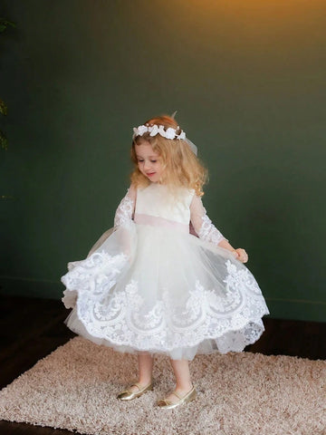 Young Girls White Lace Long Sleeves Special Occasion Baby Birthday Dress