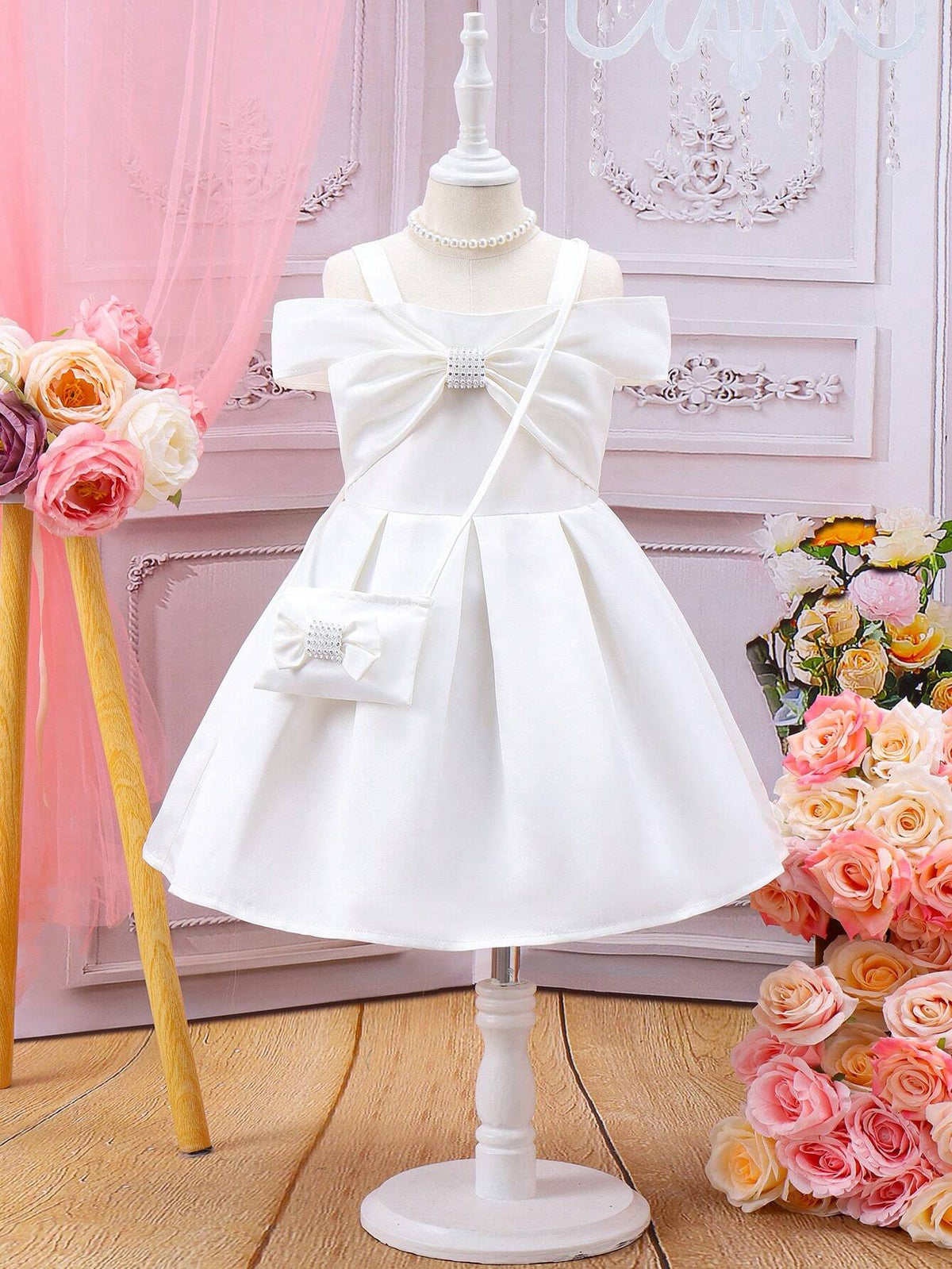 Young Girl's White Off Shoulder Dress With Bow Decoration