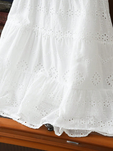Young Girls White Sleeveless Hollow-Out Long Dress