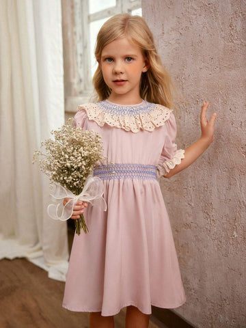 Young Girl's Woven A-Line Dress With Ruffle Hem, Puff Sleeves And Shirring, Casual