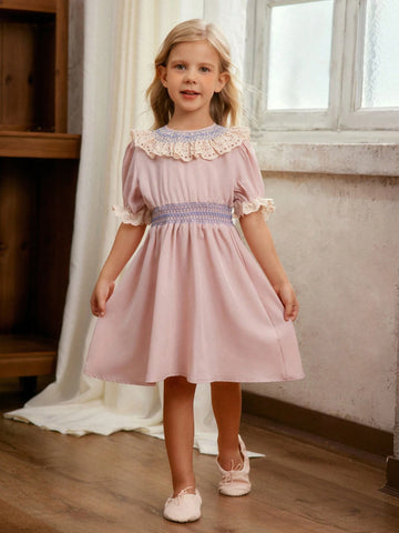 Young Girl's Woven A-Line Dress With Ruffle Hem, Puff Sleeves And Shirring, Casual
